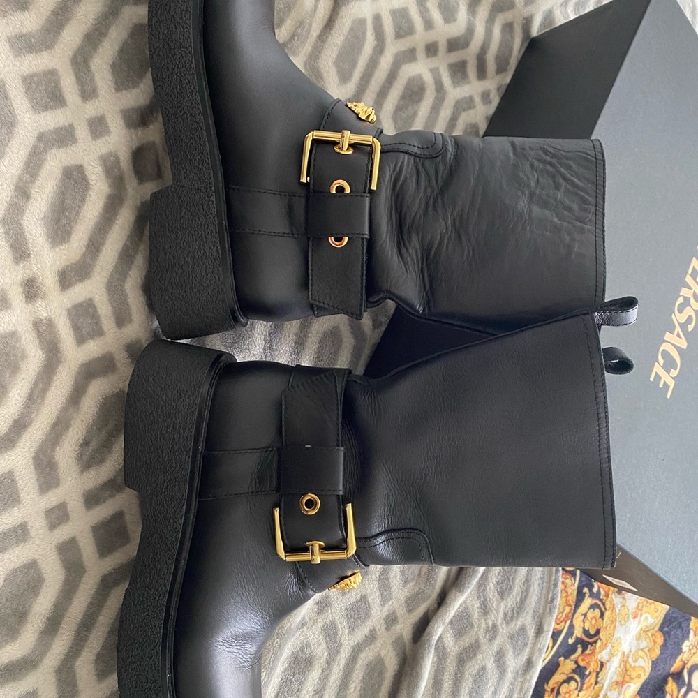 Versace Black Leather Boots with Gold Medusa Accent - Picture 3 of 4